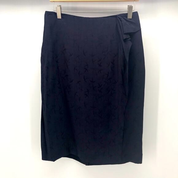 Ann Taylor Pencil Skirt Womens 6P Navy Blue Sparrow Print Ruffe Faux Wrap - Picture 1 of 10